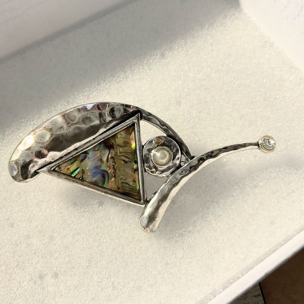 Artisan Modernist Conver Brooch Pendant – Abalone, Pearl, & Hammered Silver-Tone